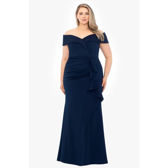 XSCAPE Patti Long Off the Shoulder Scuba Crepe Dress 22W Blue Midnight NWT - Picture 1 of 13
